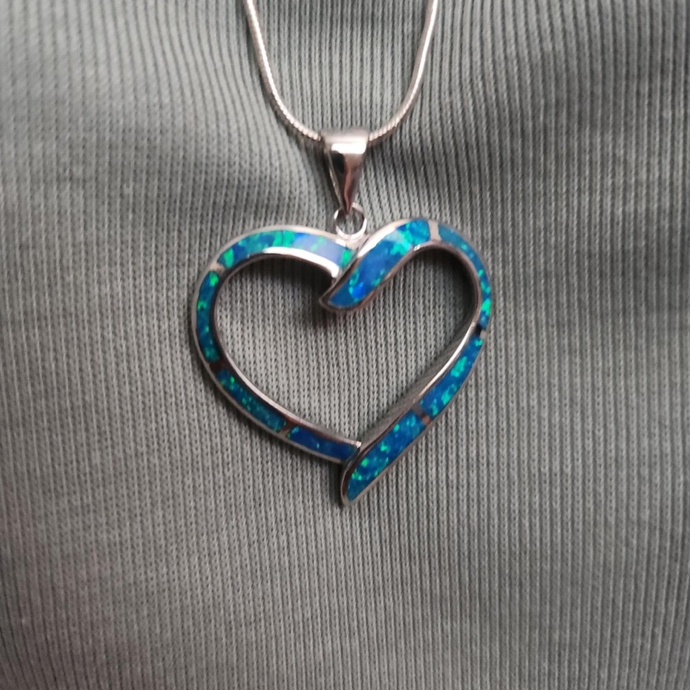 Silver Heart Pendant Necklace with Blue opal